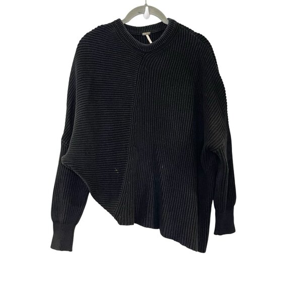 Free People Sweater Women’s XS Solid Black Ribbed Asymmetrical Chunky Knit FLAW - Picture 1 of 5
